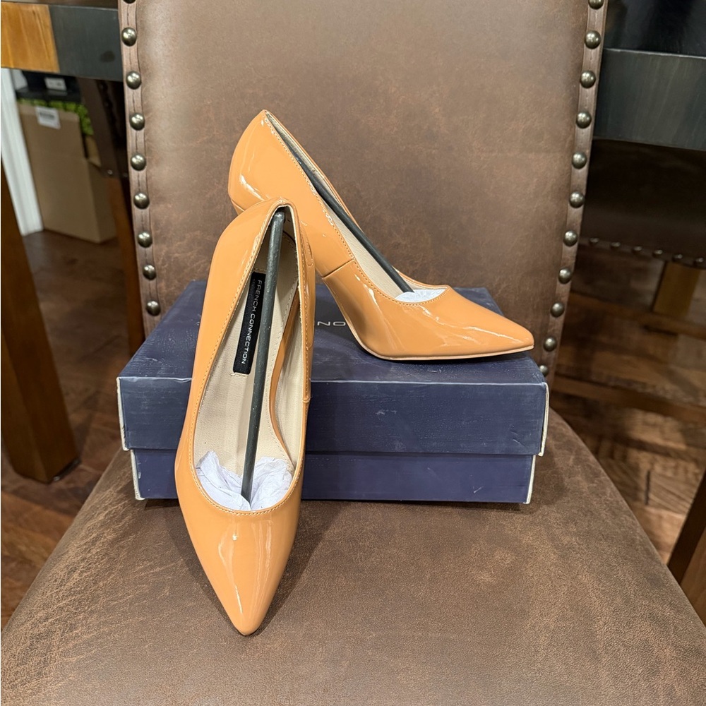 French Connection Patent Tan Heels
